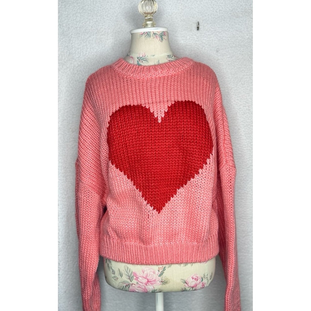 VICI Women's Heart‎ Graphic Chunky Knit Sweater Pink Red Valentine Pullover Sz S